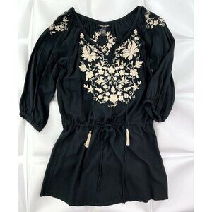 Lucky Brand Sz XS Black Floral Embroidered Tassel Drawstring Tunic Dress Peasant